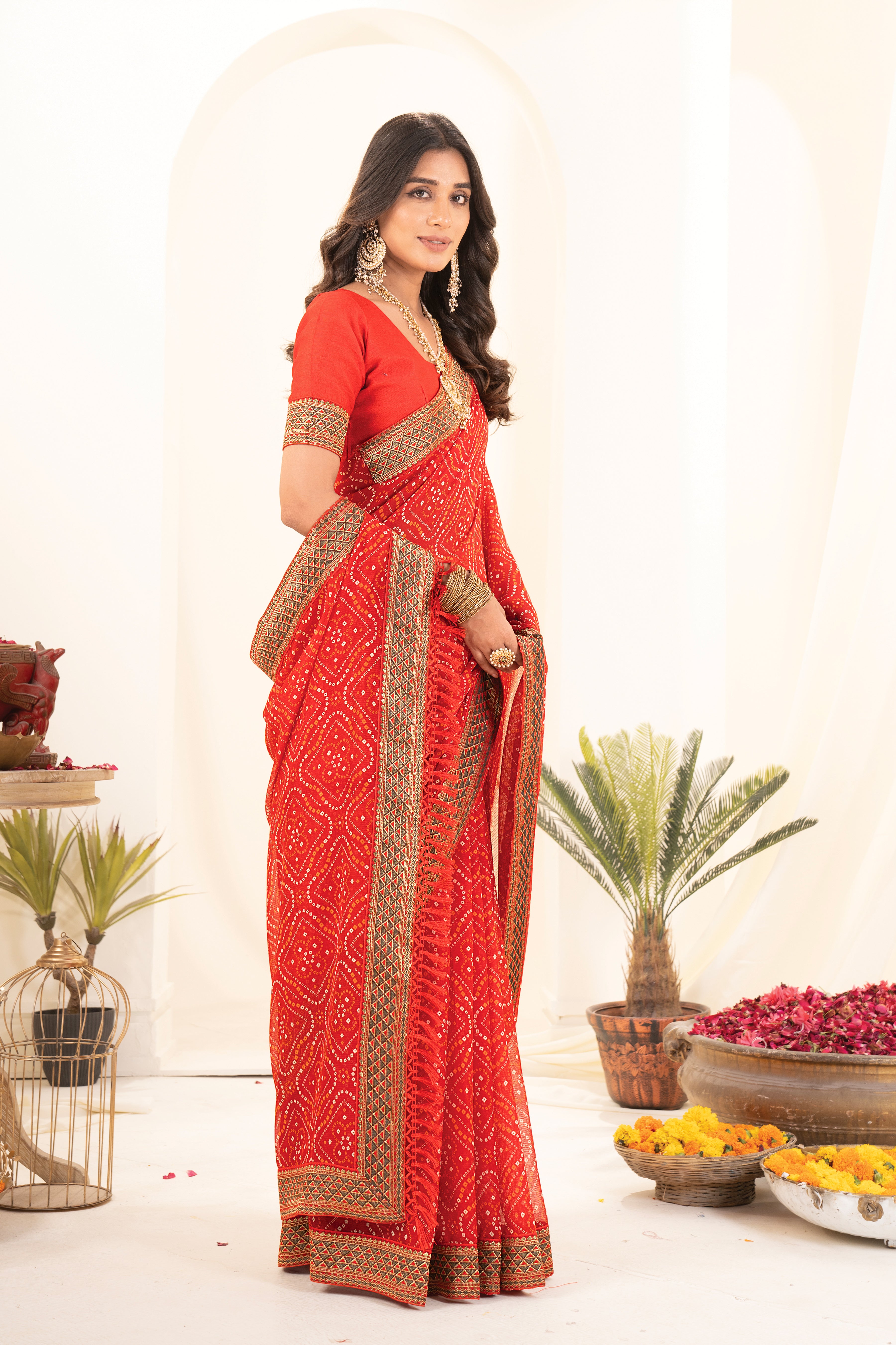 Red Bandhani Georgette Saree